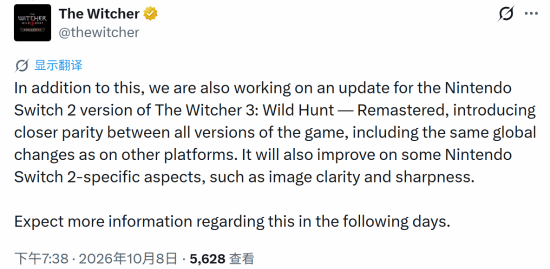 The Witcher 3 Remastered Gets Switch 2-Specific Update, CDPR Confirms
