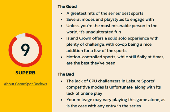 Nintendo Switch Sports Resort Scores 9/10 from GameSpot